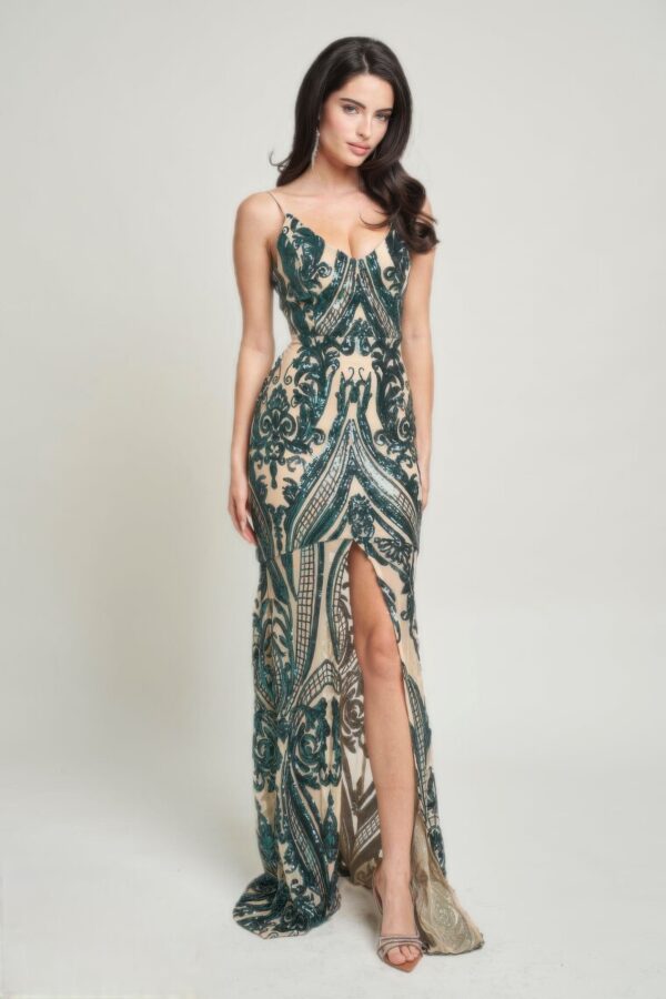 Art Deco Sequin Maxi Dress with Spaghetti Straps – Hunter