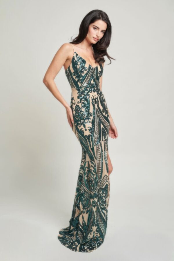 Art Deco Sequin Maxi Dress with Spaghetti Straps – Hunter