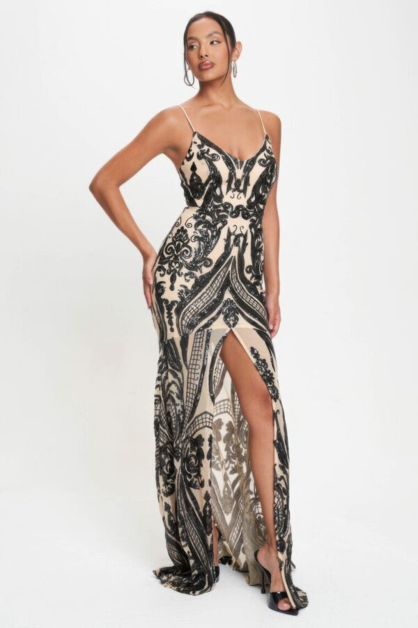 Art Deco Sequin Spaghetti-Strap Maxi Dress – Black