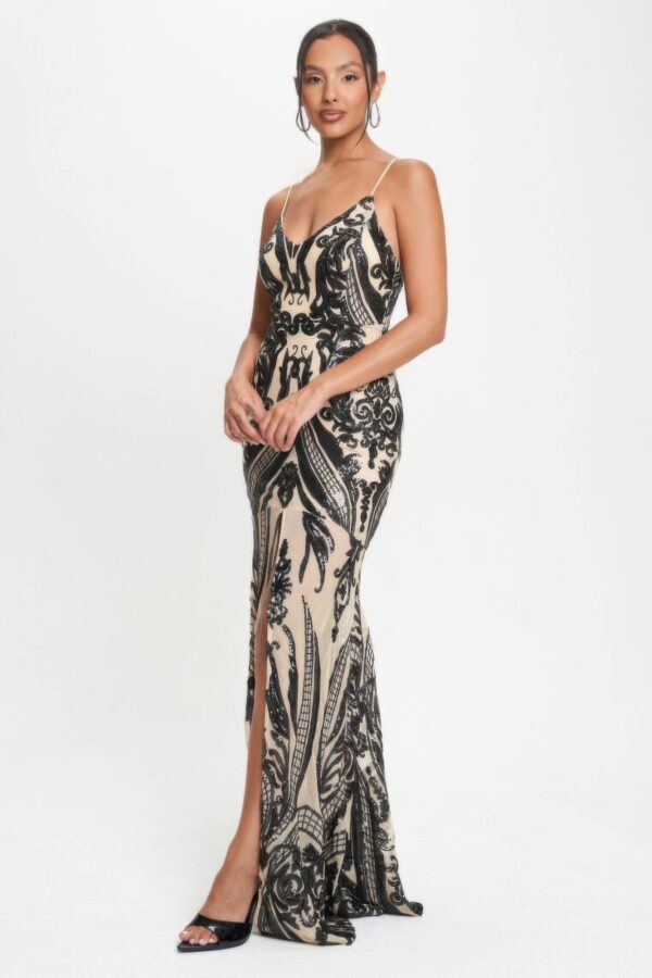 Art Deco Sequin Spaghetti-Strap Maxi Dress – Black