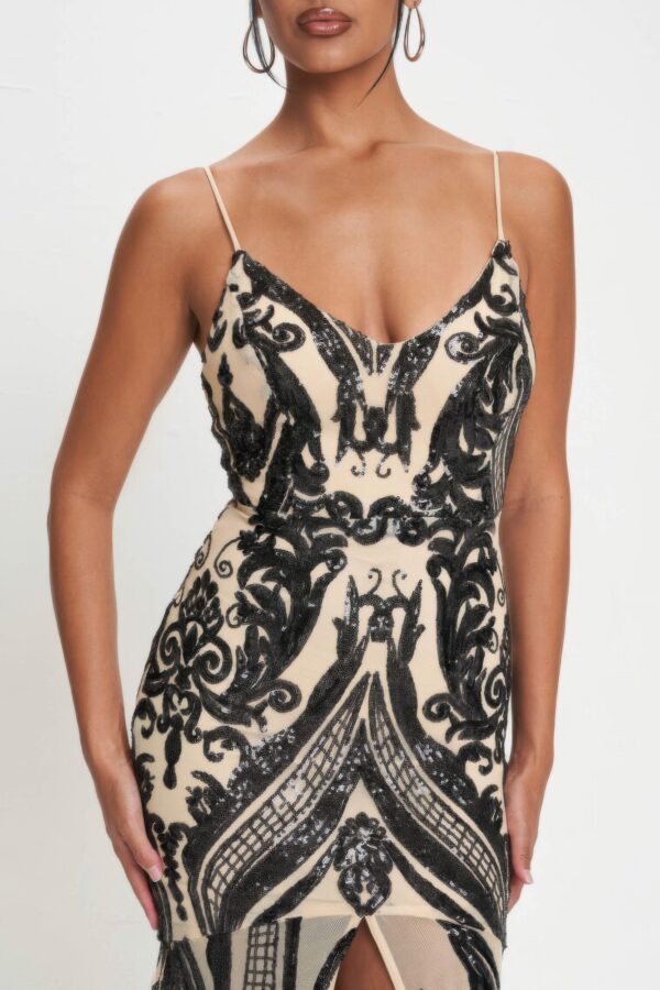 Art Deco Sequin Spaghetti-Strap Maxi Dress – Black