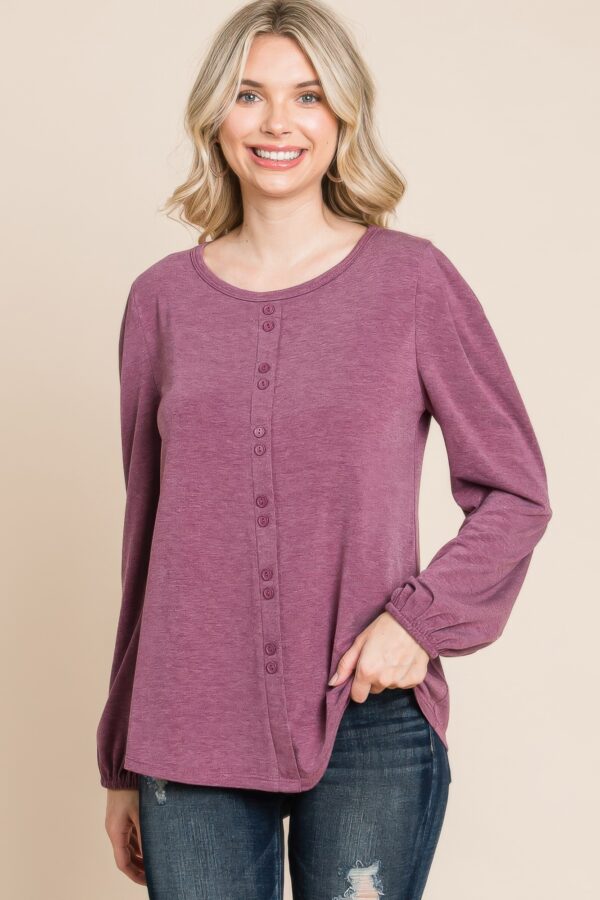 Long Sleeve Button-Down Detail Top in Burgundy