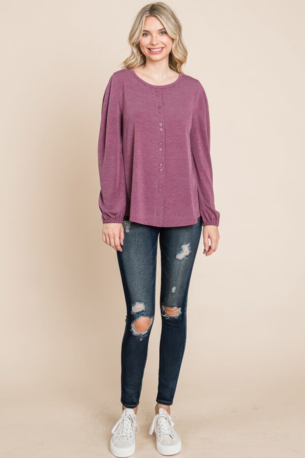 Long Sleeve Button-Down Detail Top in Burgundy