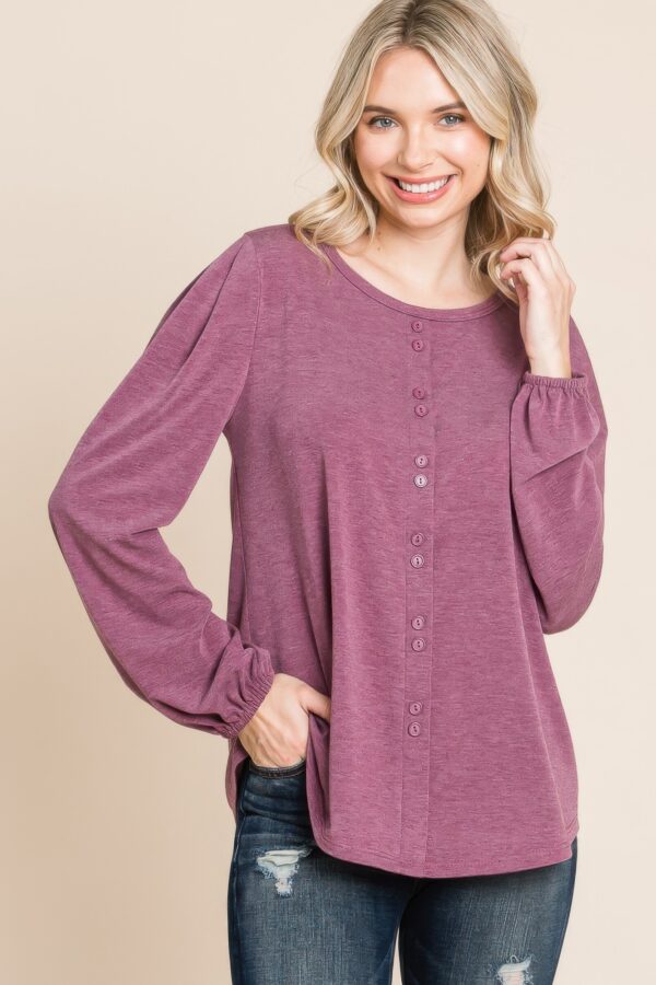 Long Sleeve Button-Down Detail Top in Burgundy