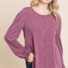 Long Sleeve Button-Down Detail Top in Burgundy