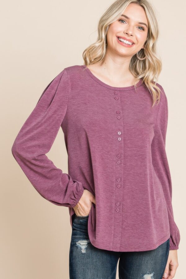 Long Sleeve Button-Down Detail Top in Burgundy