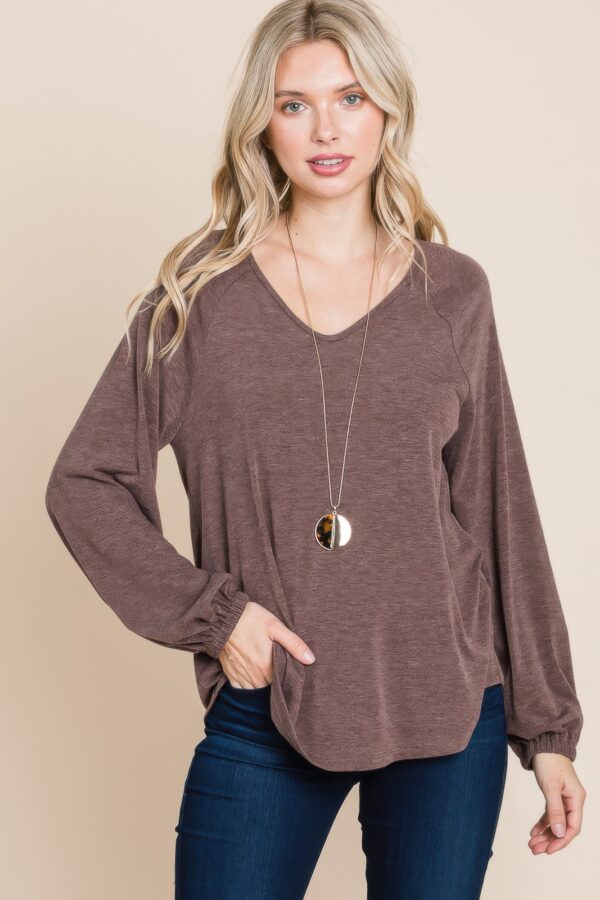 V-Neck Long Sleeve Top – Soft Brown (Made in U.S.A.)