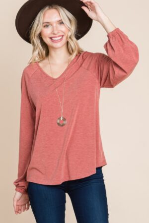 V-Neck Long Sleeve Top – Rust (Made in U.S.A.)