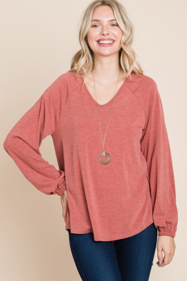V-Neck Long Sleeve Top – Rust (Made in U.S.A.)