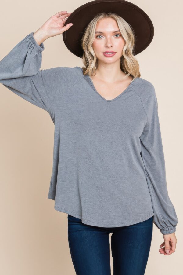 V-Neck Long Sleeve Top – Soft Grey (Made in USA)