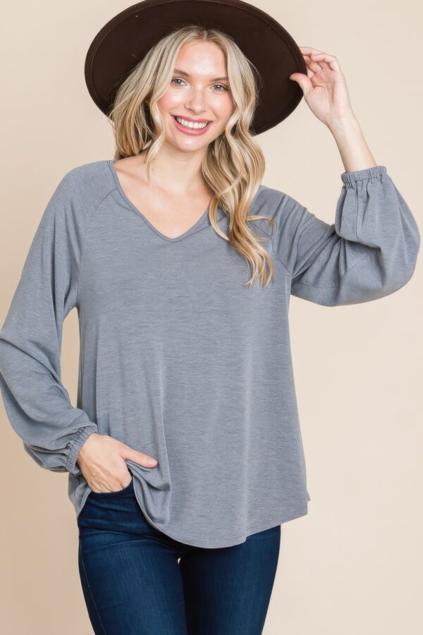 V-Neck Long Sleeve Top – Soft Grey (Made in USA)
