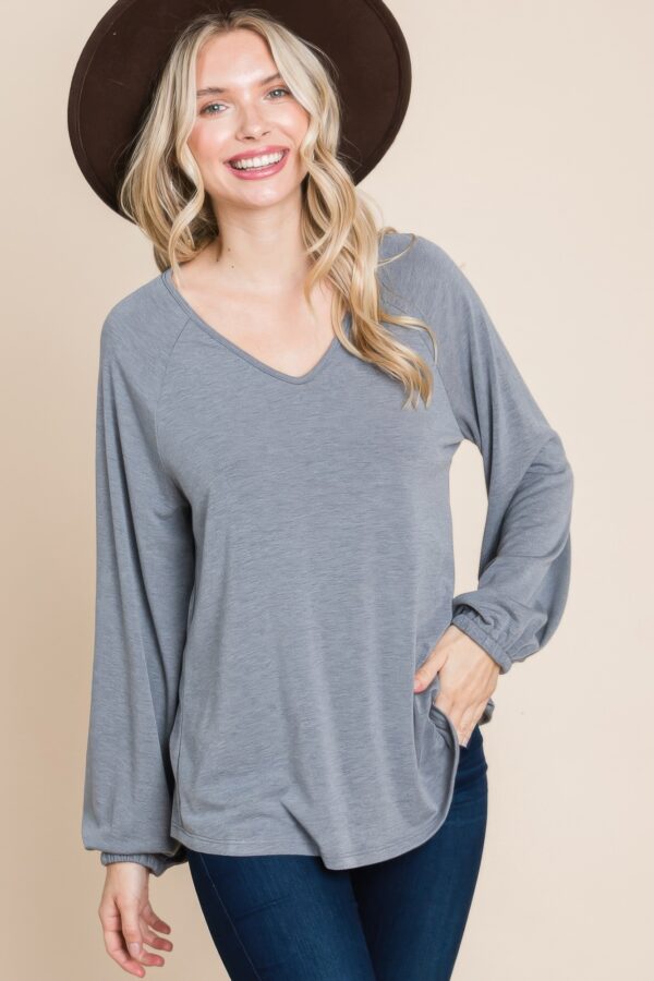 V-Neck Long Sleeve Top – Soft Grey (Made in USA)