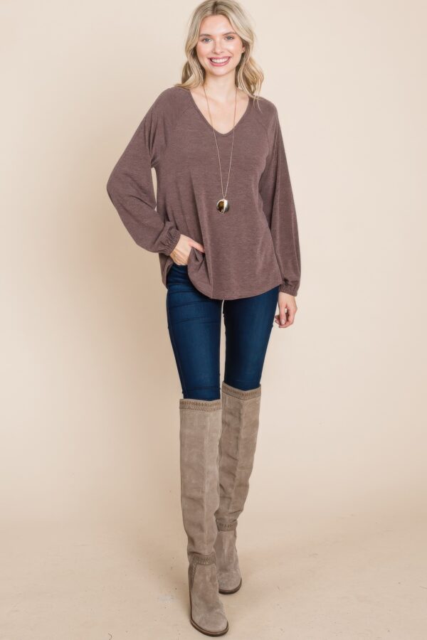 V-Neck Long Sleeve Top – Soft Brown (Made in U.S.A.)