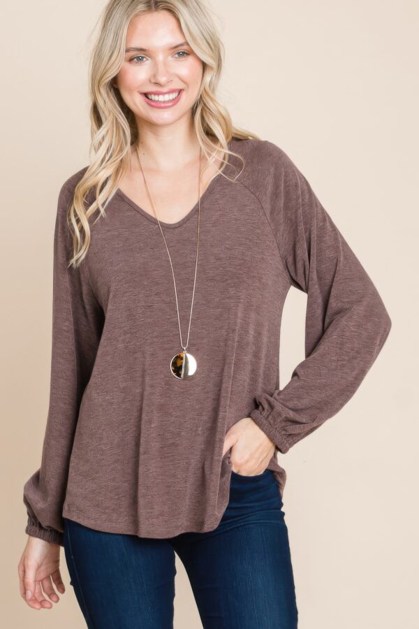 V-Neck Long Sleeve Top – Soft Brown (Made in U.S.A.)