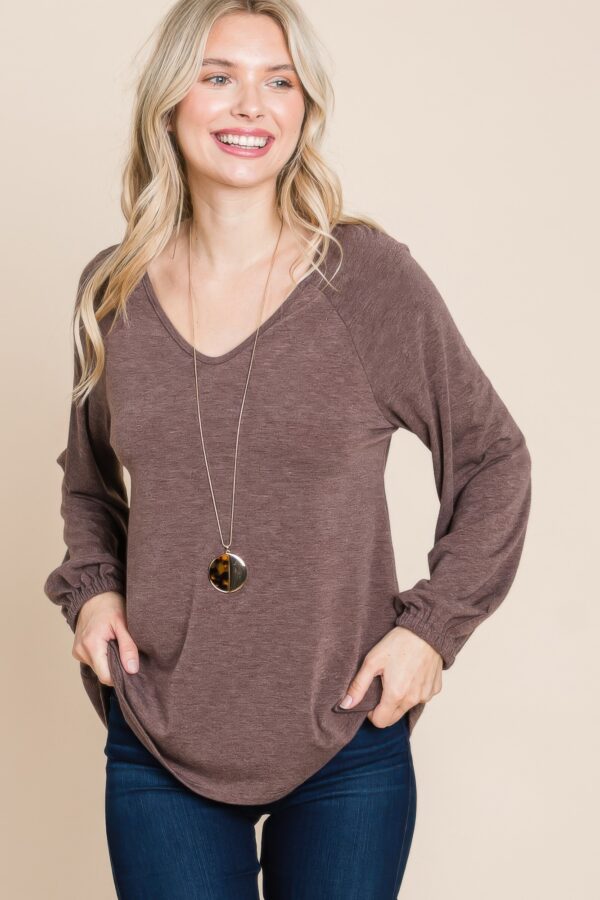 V-Neck Long Sleeve Top – Soft Brown (Made in U.S.A.)