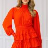 Long Sleeve Smocked Neck Tiered Ruffle Mini Dress – Red