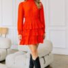 Long Sleeve Smocked Neck Tiered Ruffle Mini Dress – Red