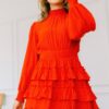 Long Sleeve Smocked Neck Tiered Ruffle Mini Dress – Red