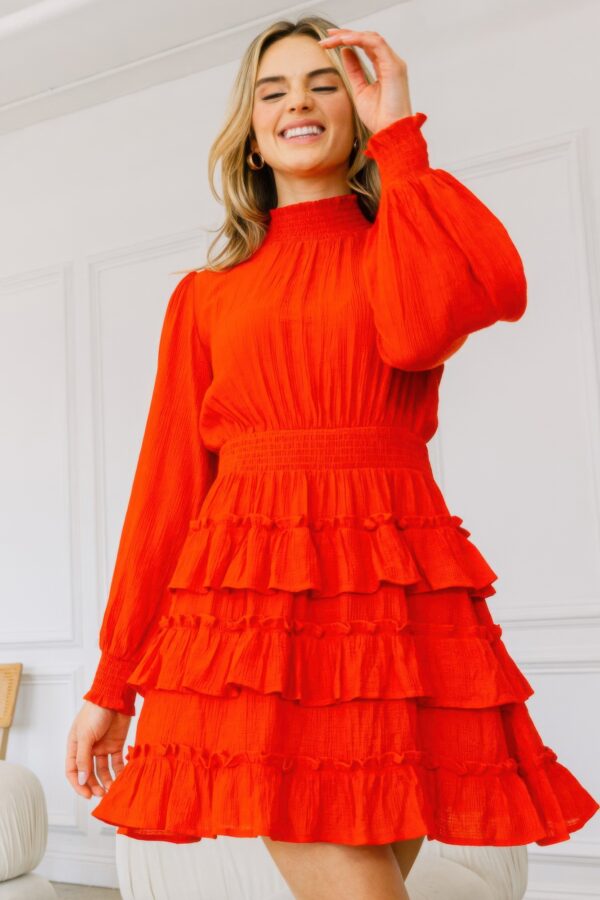 Long Sleeve Smocked Neck Tiered Ruffle Mini Dress – Red