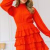 Long Sleeve Smocked Neck Tiered Ruffle Mini Dress – Red