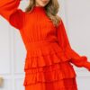 Long Sleeve Smocked Neck Tiered Ruffle Mini Dress – Red