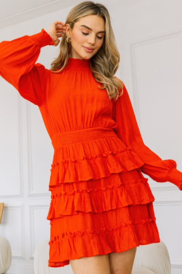 Long Sleeve Smocked Neck Tiered Ruffle Mini Dress – Red