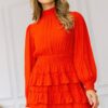 Long Sleeve Smocked Neck Tiered Ruffle Mini Dress – Red