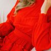 Long Sleeve Smocked Neck Tiered Ruffle Mini Dress – Red