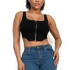 Zip-Up Square Neck Crop Top – Corset-Inspired Black