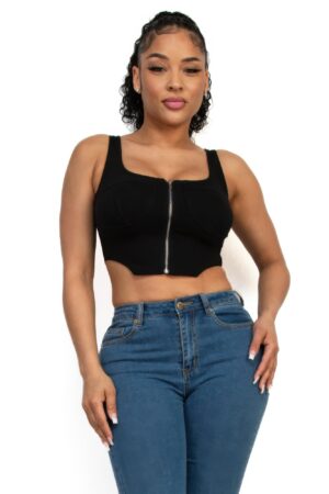 Zip-Up Square Neck Crop Top – Corset-Inspired Black