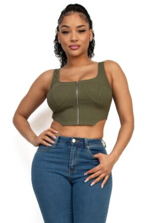 Square Neck Zip-Up Crop Top – Corset Style Olive