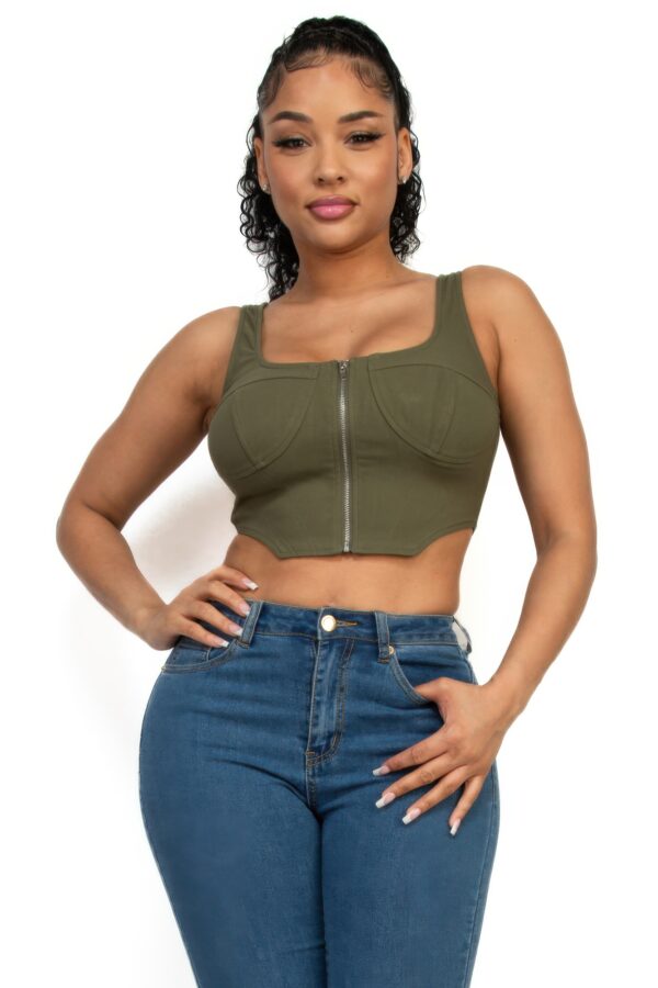 Square Neck Zip-Up Crop Top – Corset Style Olive
