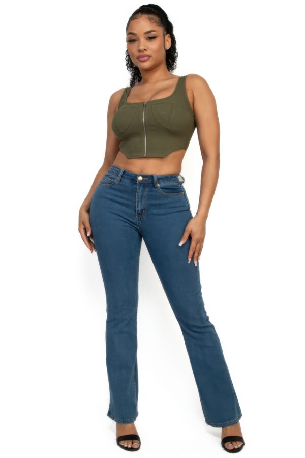 Square Neck Zip-Up Crop Top – Corset Style Olive