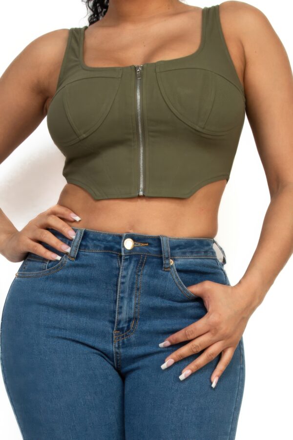 Square Neck Zip-Up Crop Top – Corset Style Olive
