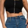Zip-Up Square Neck Crop Top – Corset-Inspired Black