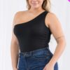 Plus-Size One-Shoulder Stretch Jersey Bodysuit – Black