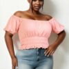 Plus Size Ribbed Knit Top with Ruched Puff Sleeves – Blush