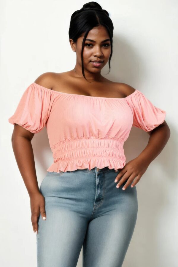 Plus Size Ribbed Knit Top with Ruched Puff Sleeves – Blush