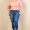 Plus Size Ribbed Knit Top with Ruched Puff Sleeves – Blush