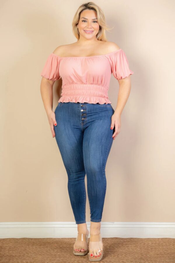 Plus Size Ribbed Knit Top with Ruched Puff Sleeves – Blush