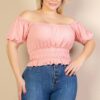 Plus Size Ribbed Knit Top with Ruched Puff Sleeves – Blush