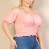 Plus Size Ribbed Knit Top with Ruched Puff Sleeves – Blush