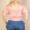Plus Size Ribbed Knit Top with Ruched Puff Sleeves – Blush