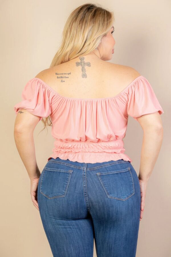Plus Size Ribbed Knit Top with Ruched Puff Sleeves – Blush
