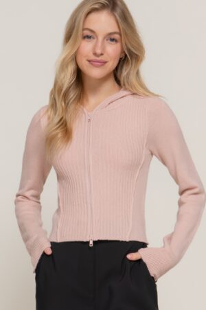 2-Way Zip Hoodie Cardigan, Relaxed Fit – Beige Pink