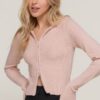 2-Way Zip Hoodie Cardigan, Relaxed Fit – Beige Pink