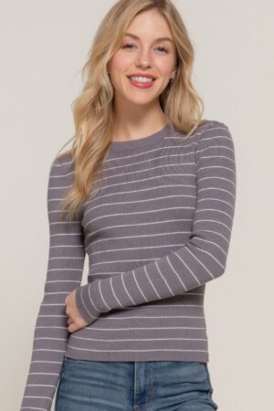Crewneck Stripe Sweater, Relaxed Fit – Grey/White