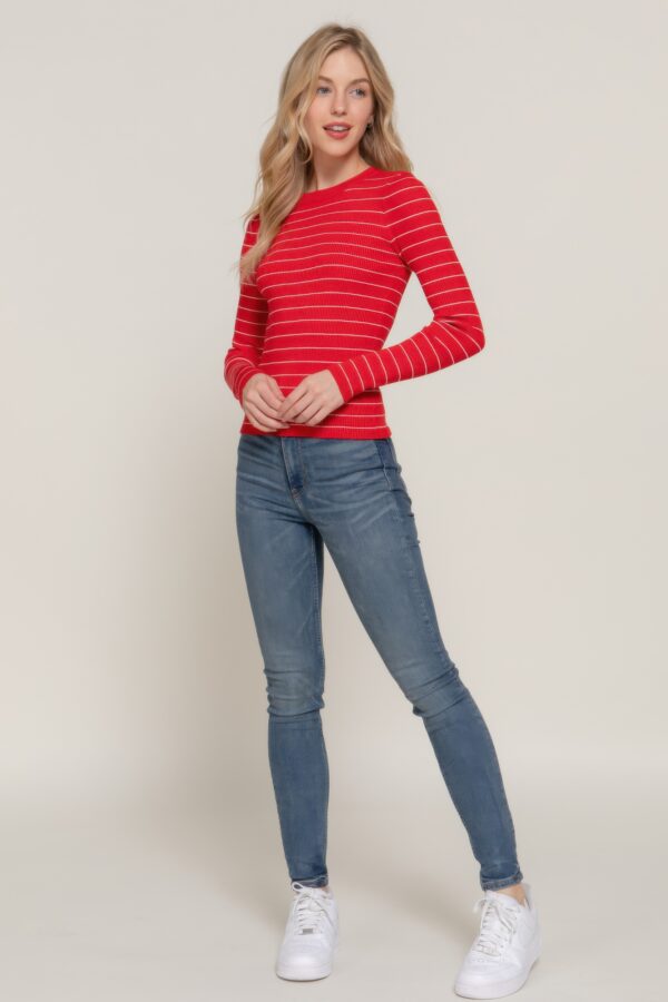 Long-Sleeve Crewneck Stripe Sweater – Red/White