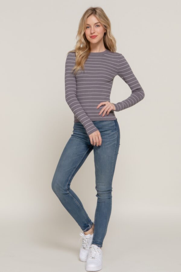 Crewneck Stripe Sweater, Relaxed Fit – Grey/White