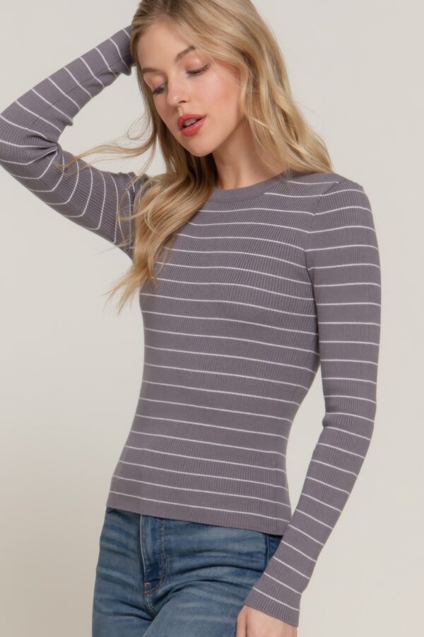 Crewneck Stripe Sweater, Relaxed Fit – Grey/White